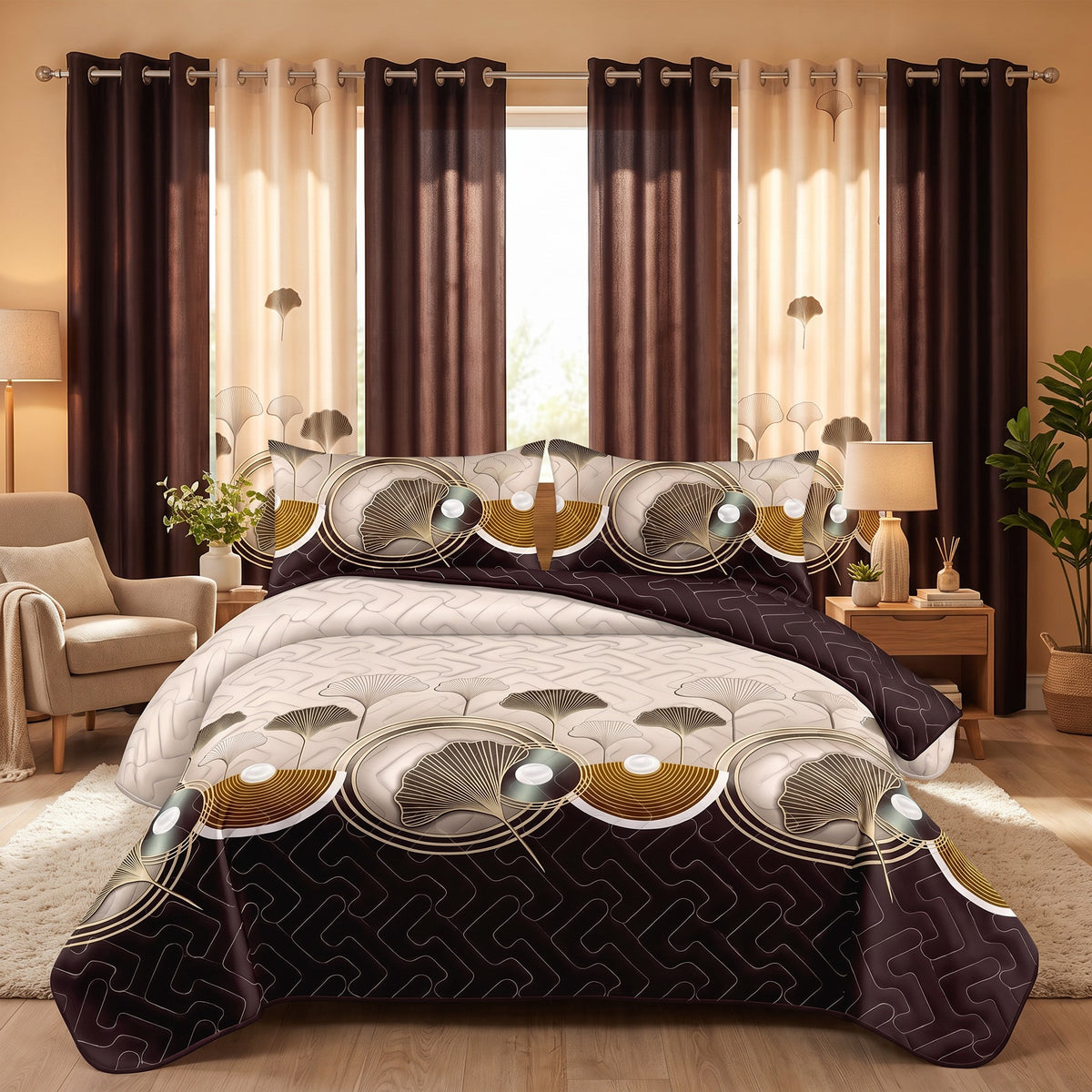 Brown and black lotus bedding with matching curtains in a coordinated bedroom
