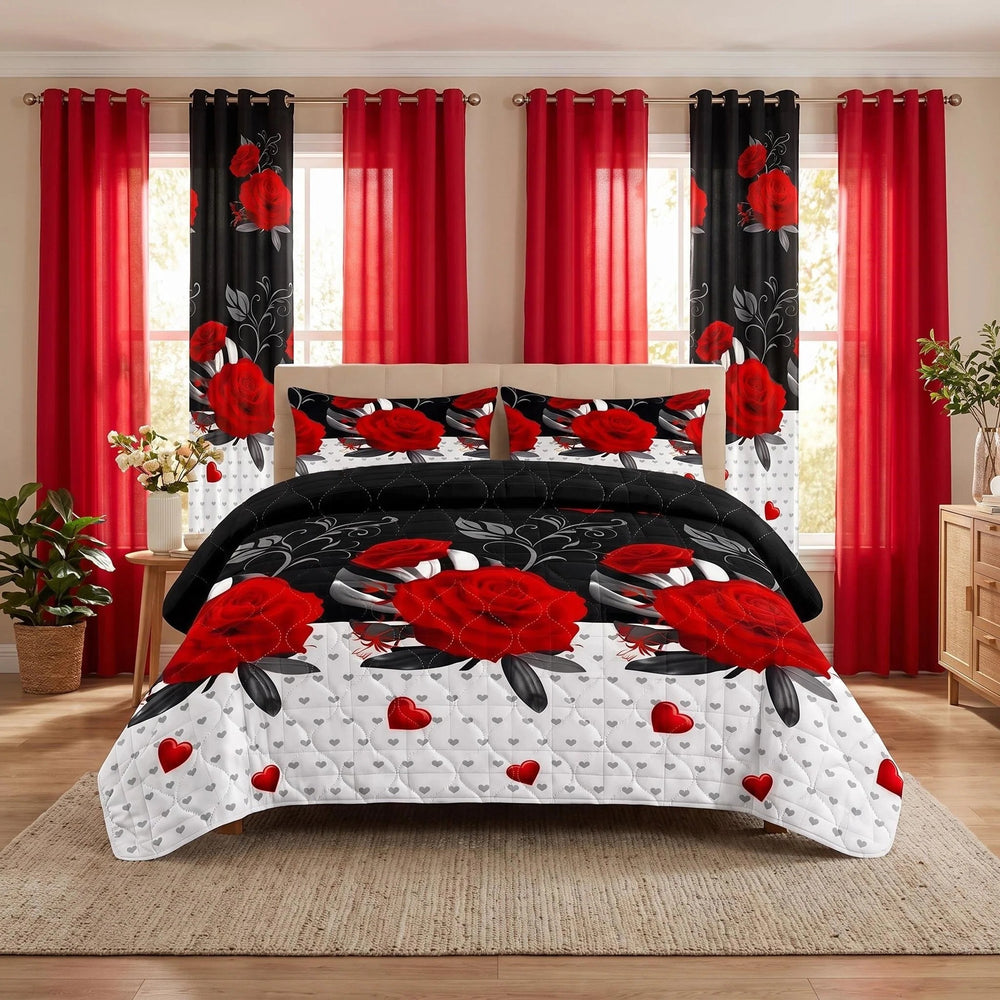 Red Rose Black & White 9-Piece Bedspread & Light-Filtering Curtain Set