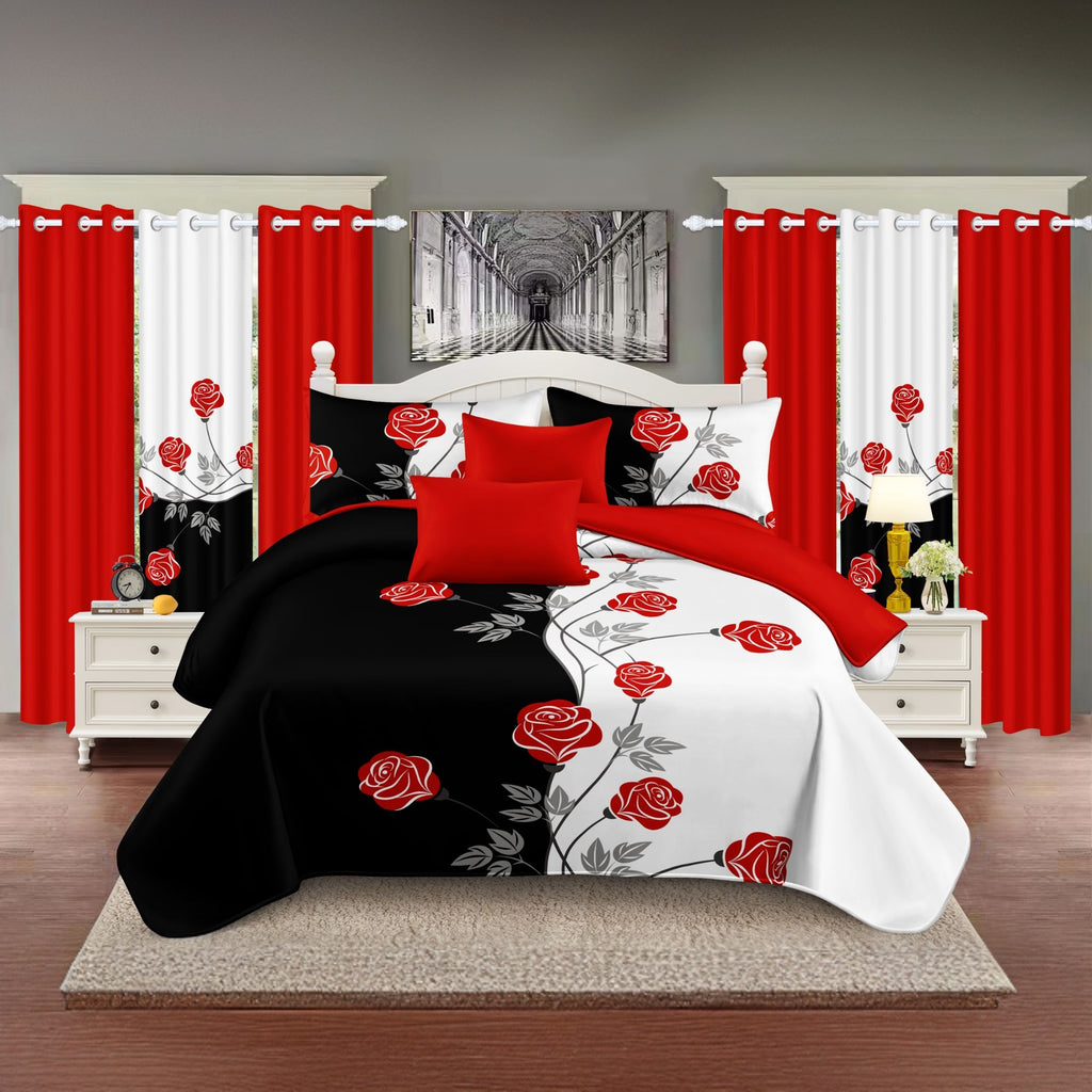 Red Rose 9-Piece Bedding & Curtain Set