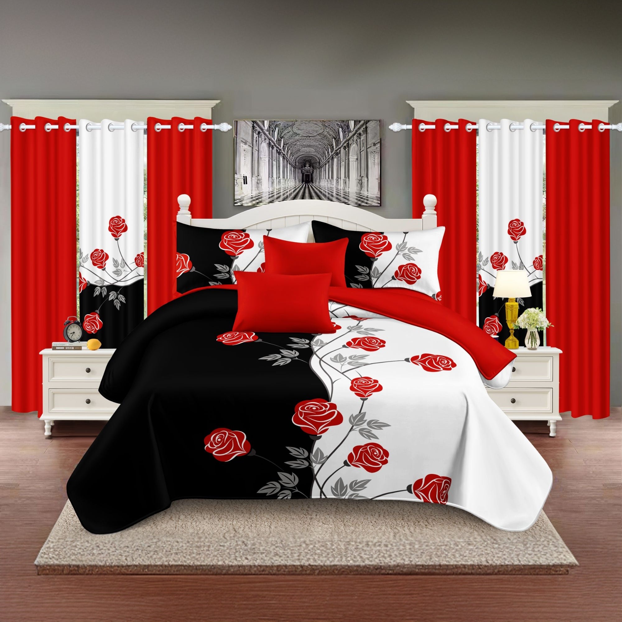 Red Rose 9-Piece Bedding & Curtain Set