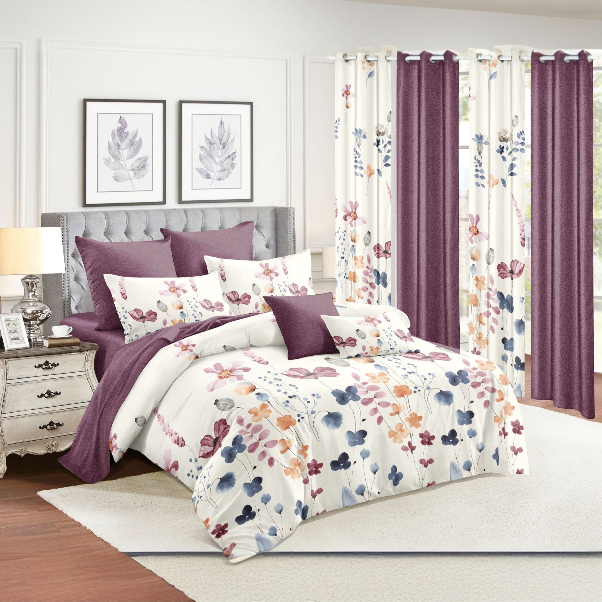 Watercolor Floral 9-Piece Bedding & Curtain Set