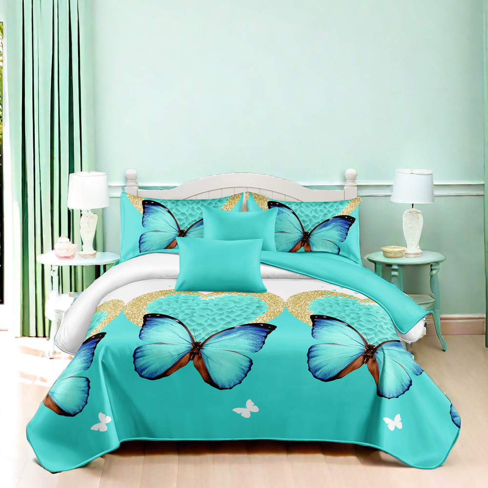 Green Butterfly Floral 9-Piece Bedspread & Curtain Set