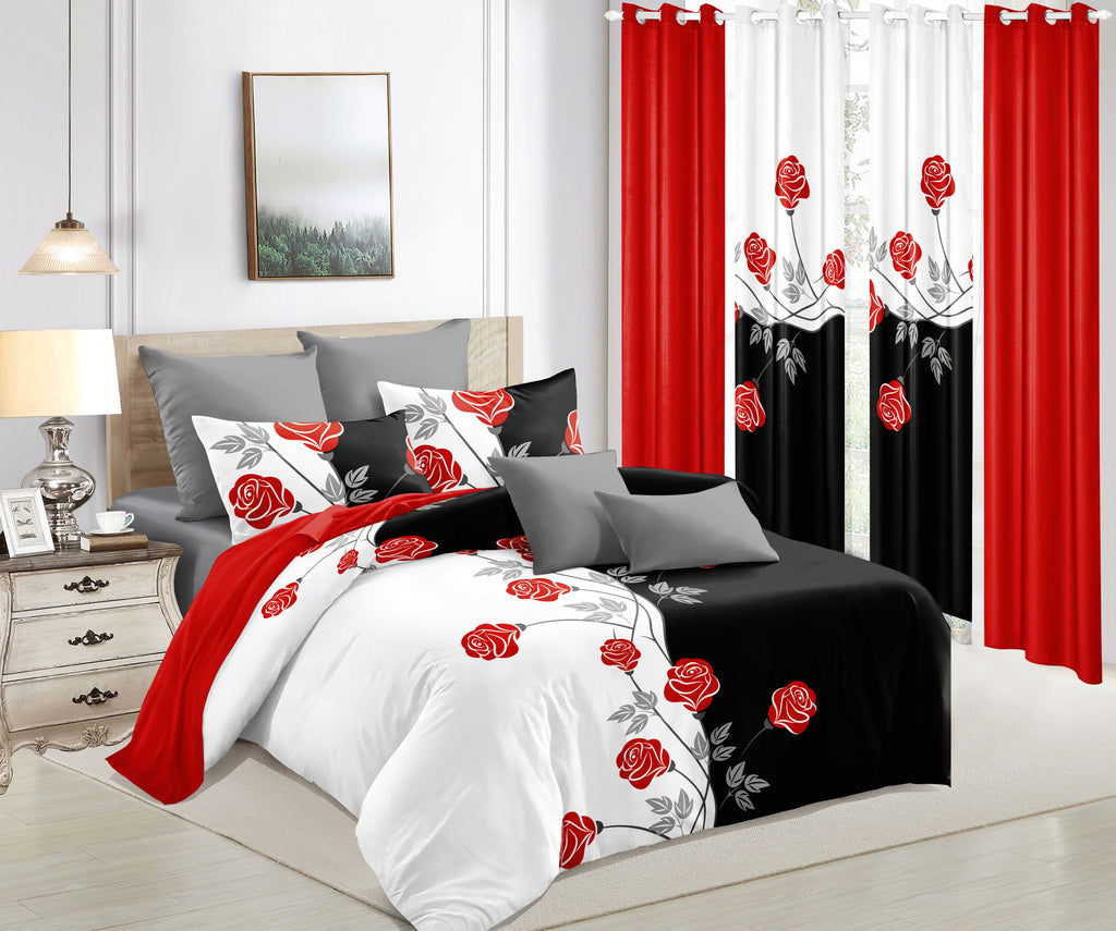 red rose 9-piece bedding curtain set queen size