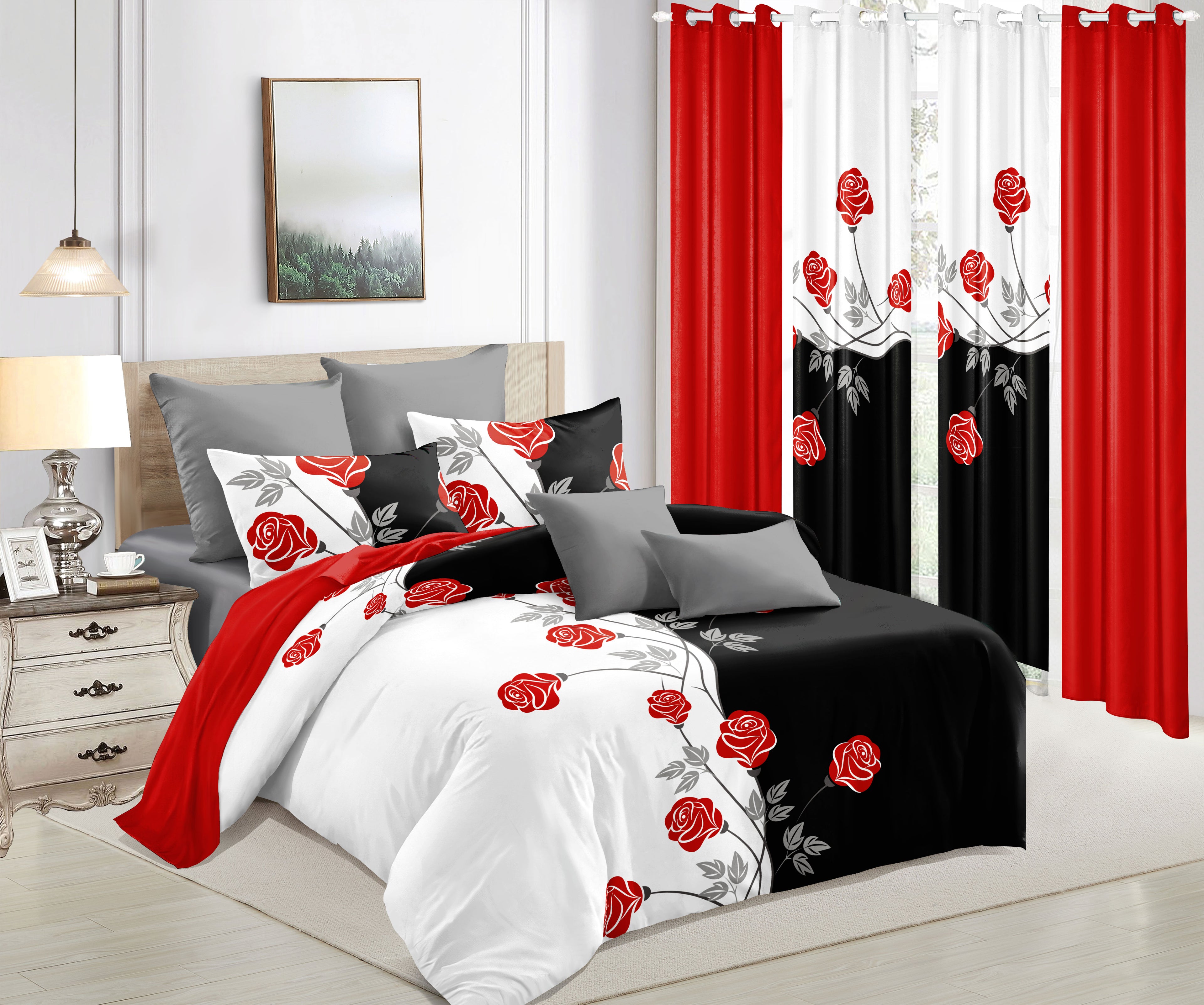 red rose 9-piece bedding curtain set queen size
