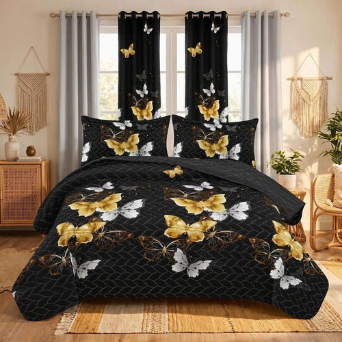 Black and gold butterfly 9-piece bedspread and light-filtering curtain set hero image