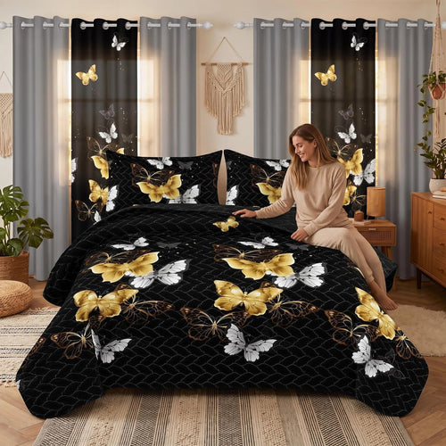 Black butterfly bedspread and matching curtains in a bedroom lifestyle scene