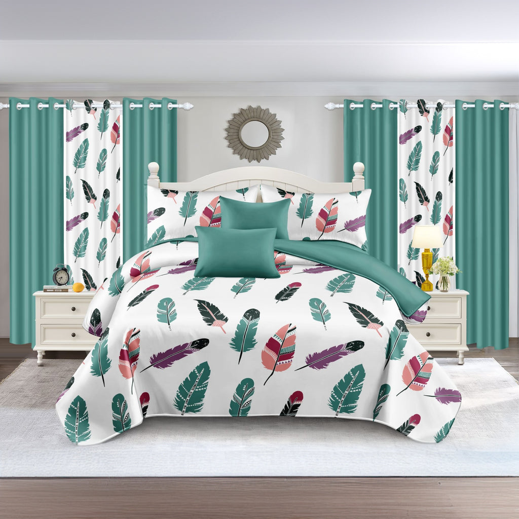 Feather Print 9-Piece Bedding & Curtain Set