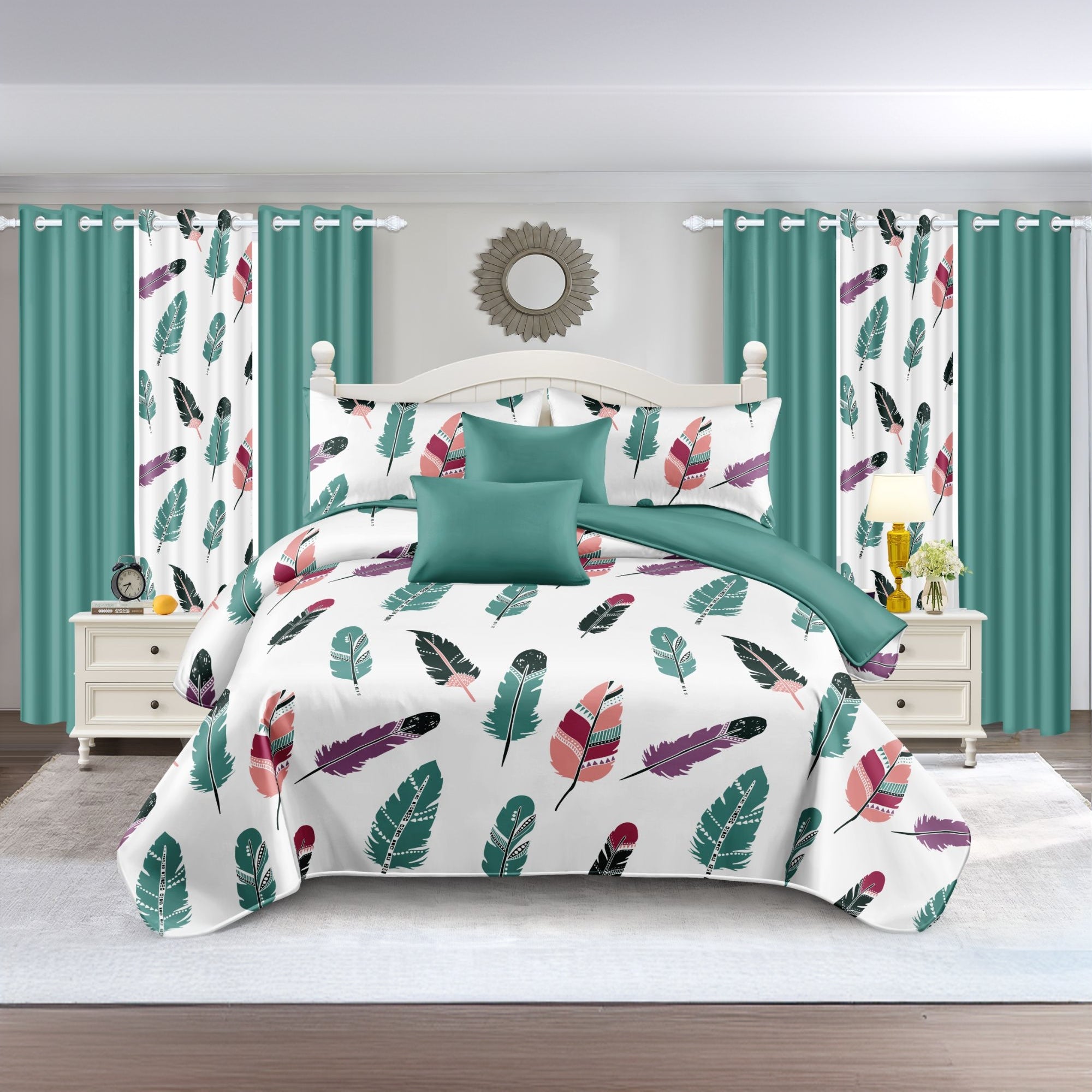 Feather Print 9-Piece Bedding & Curtain Set