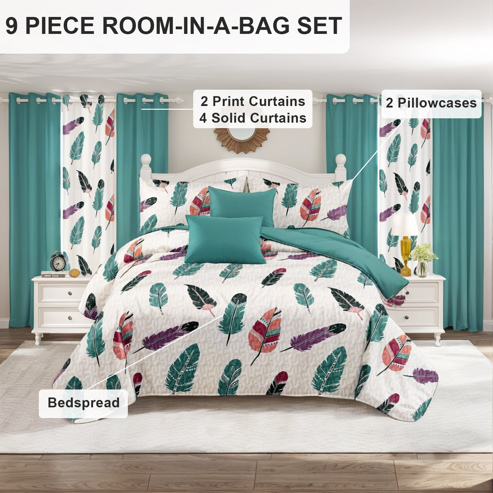 feather print 9-piece bedding curtain set boho style