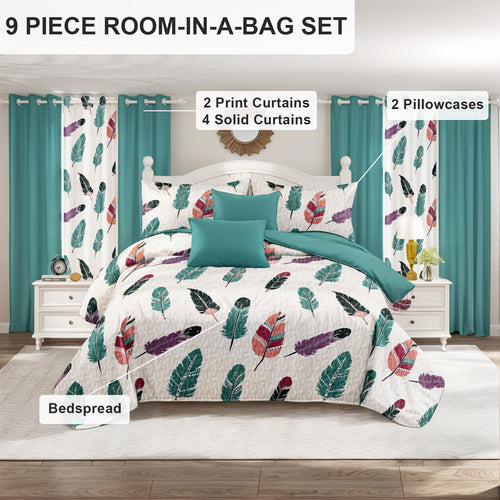 feather print 9-piece bedding curtain set boho style
