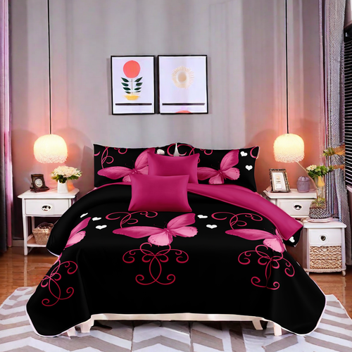 Alternate bedroom view of the black and pink floral bedspread