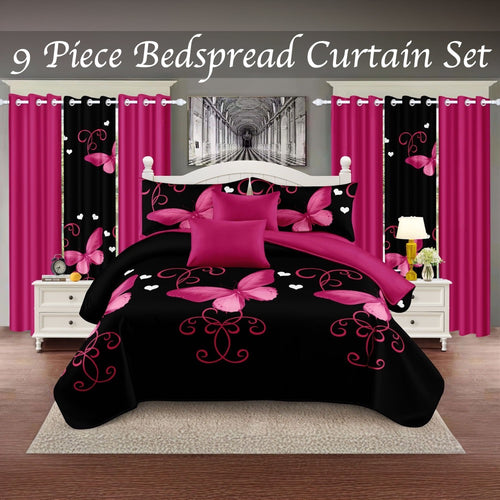 Black bedspread set with pink butterfly print and matching curtains