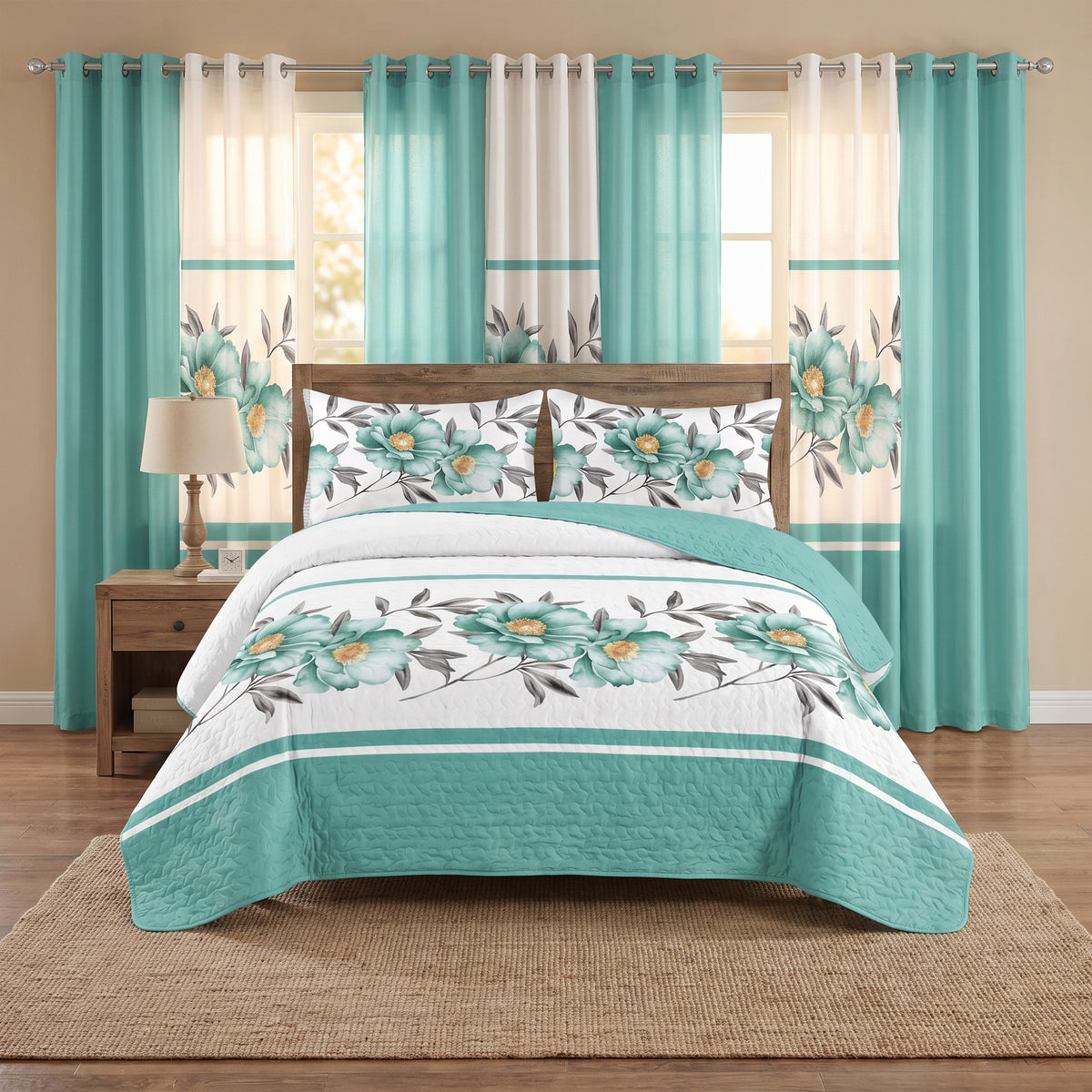 Teal and white floral bedding with matching curtains in a styled bedroom