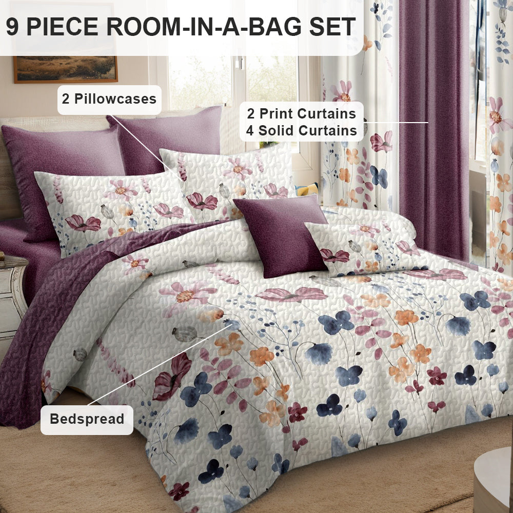 watercolor floral 9-piece bedding curtain set queen size